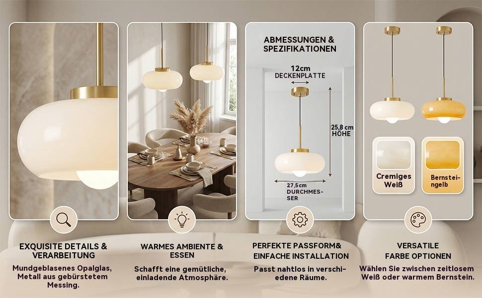 Der Text lautet „ABMESSUNGEN &amp; SPEZIFIKATIONEN“. Produktpräsentation von Pendelleuchten mit mehreren Ansichten mit Montage- und Montagedetails sowie deutschen Textbeschreibungen.