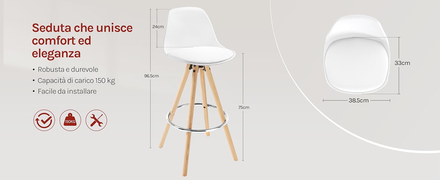 Sgabello da bar moderno bianco con gambe in legno. La seduta presenta uno schienale curvo e un design imbottito. Le dimensioni del prodotto sono espresse in centimetri. Le icone indicano le caratteristiche di comfort.