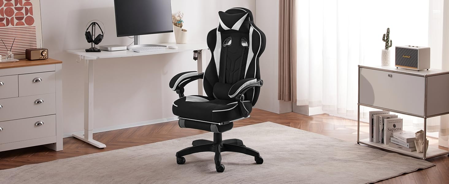 Chaise Gaming Ergonomique Avec Massage Lombaire - Tissu Respirant, Dossier Inclinable, Repose-pieds - Gris Foncé, Capacité 150 Kg