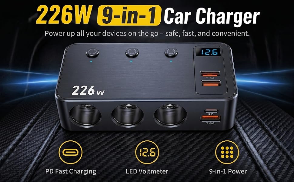 Text reads '226W 9-in-1 Car Charger' 'Power up all your devices on-the-go in style, fast, safe and convenient' '226W' 'PD Fast Charging' 'LED Indicator' '9-in-1 Ports'. Dark multi-port car charger with blue accent details shown with cable.