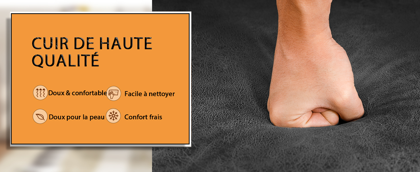 Le texte indique « CUIR DE HAUTE QUALITÉ », « Peau d'Agneau », « Facile à entretenir », « Doublure agréable », « Confort tout ». Pieds nus montrant la plante du pied sur fond sombre.