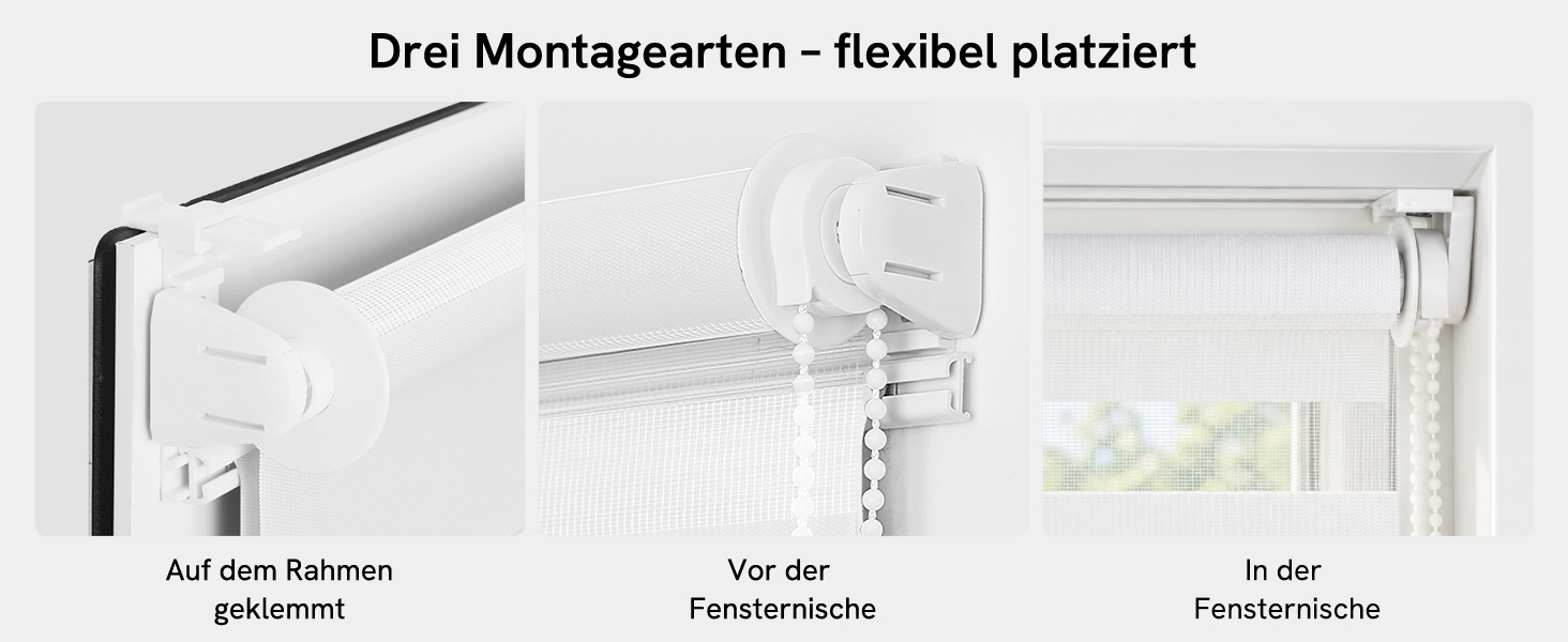 Der Text lautet „Drei Montagearien - flexibel platziert“. Das weiße, an der Wand befestigte Gardinenstangensystem wird in drei Installationskonfigurationen gezeigt und bietet flexible Möglichkeiten zur Platzierung der Halterungen.