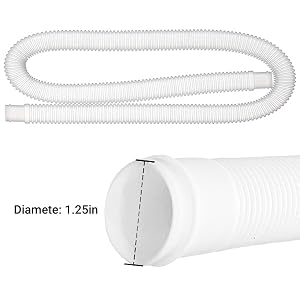Flexible white corrugated hose with 1.25-inch diameter. Extended in a curved shape with close-up of cross-section showing ribbed texture.