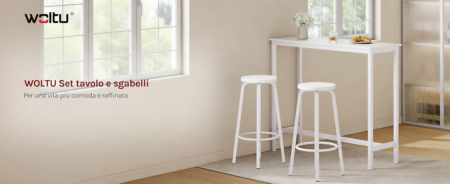 Il testo recita «WISTH Set barista espahil» e «Per gli amanti del caffè e i bar». L'immagine mostra sgabelli da bar moderni bianchi e mobili da tavolo in uno spazio interno minimalista con luce naturale.