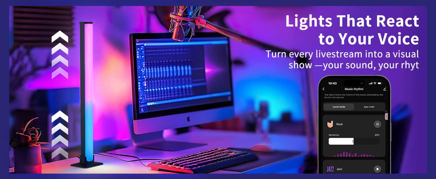 Sprachreaktives Beleuchtungssystem für Livestreams mit einem Desktop-Setup mit farbenfrohen Umgebungslichtern, einem Computerbildschirm mit Audiowellenformen
