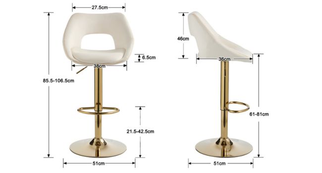 Schéma technique du tabouret de bar indiquant les dimensions : 47,5 cm de largeur, 48 cm de profondeur, mesures de hauteur. Siège incurvé blanc avec base et repose-pieds dorés.