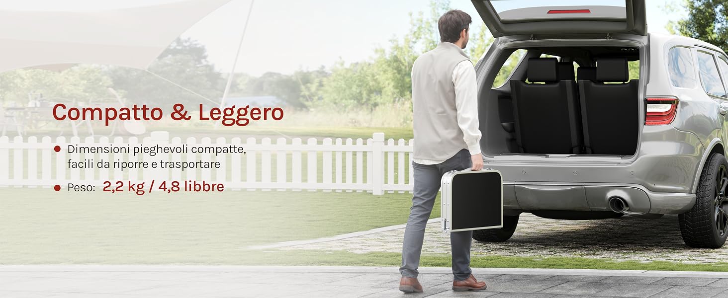 Il testo recita «Compatto &amp; Leggero». Serie di foto che mostrano scatole o contenitori caricati nel bagagliaio di un veicolo, a dimostrazione di una soluzione di stoccaggio compatta.