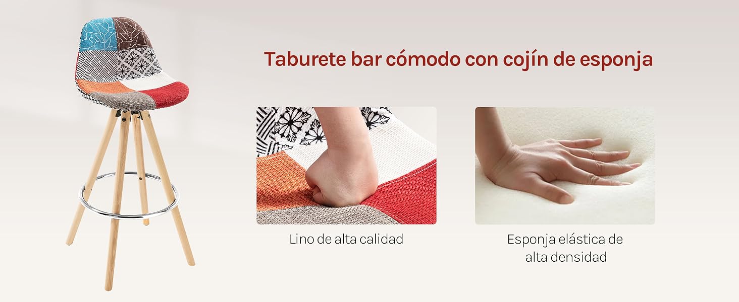Patchwork con asiento de tela colorida y patas de madera. Dos imágenes insertadas muestran un pie sobre una tela texturizada y una superficie acolchada presionándola a mano