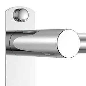 Gros plan d'une poignée ou d'un levier de porte élégant et moderne. Design métallique cylindrique avec une plaque de base circulaire montée sur une surface blanche.