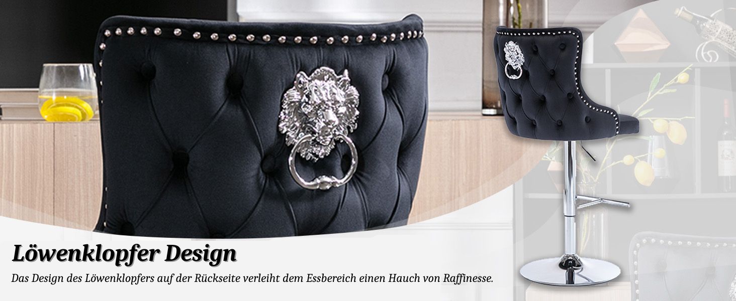 Schwarzer, getufteter Hocker mit silberner Nietenverzierung und verziertem Türklopfer mit Löwenkopf. Passender schwarzer Barhocker