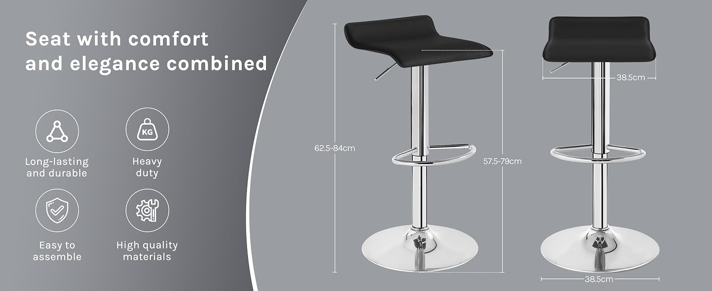 Two adjustable black bar stools with curved seats, chrome bases, and footrests. Product features comfort, elegance, and adjustable height. Icons indicate additional specifications.