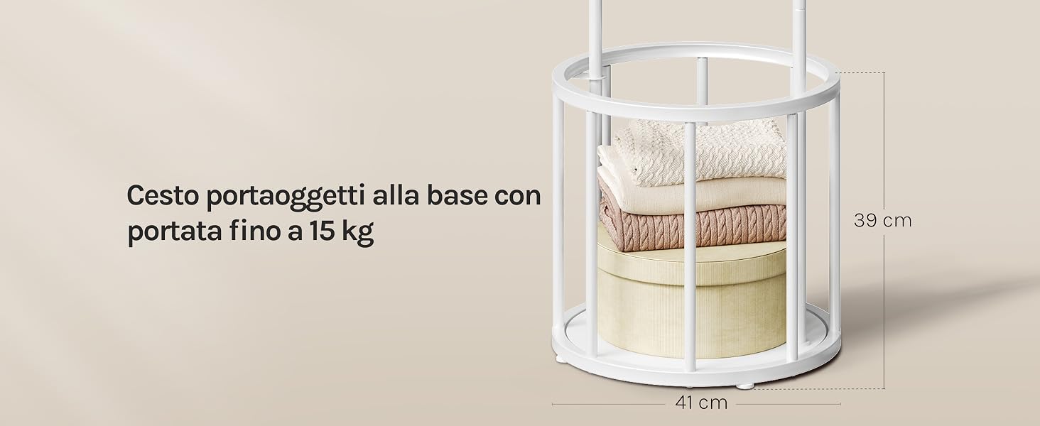 Il testo recita «Cesto portaoggetti alla base con portata fino a 10 kg». Contenitore cilindrico trasparente con cestini portaoggetti in vimini intrecciato all'interno, le cui dimensioni sono indicate come 38 cm di altezza e 4 cm di larghezza.
