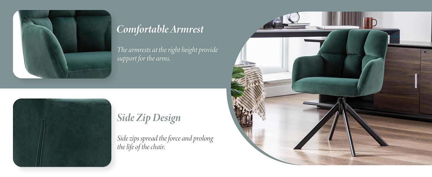 Modern green armchair with swivel base in living room setting. Features comfortable armrests and textured fabric upholstery. Closeup shows fabric detail.