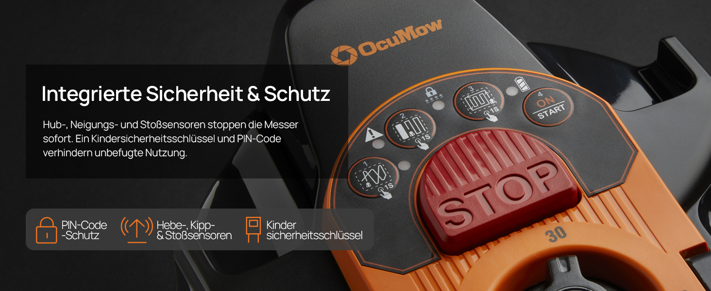 Der Text lautet „Integrierte Sicherheit &amp; Schutz“ und enthält deutschen beschreibenden Text. Orangefarbener und schwarzer Schuh mit sichtbarem Profilmuster und hervorgehobenen Sicherheitsmerkmalen.