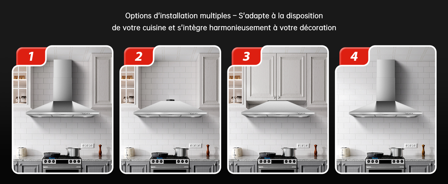 Schéma d'instructions séquentiel montrant les étapes d'installation d'un support de montage ou d'un support, illustré par quatre panneaux en niveaux de gris avec des indicateurs numérotés en rouge.