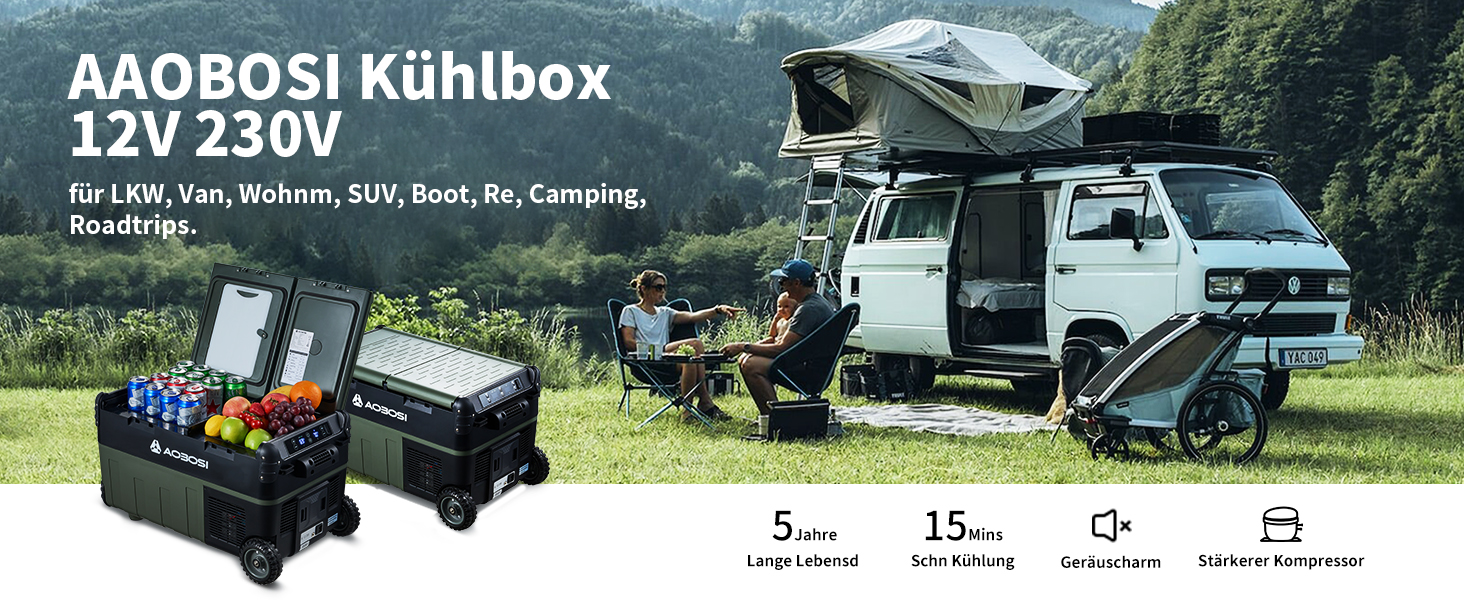 Der Text lautet „AAOBOSI Kühlbox 12V/230V“ gefolgt von Fahrzeugsymbolen. Marketingbild, das eine tragbare Kühlbox mit Anwendungen für verschiedene Fahrzeugtypen zeigt.