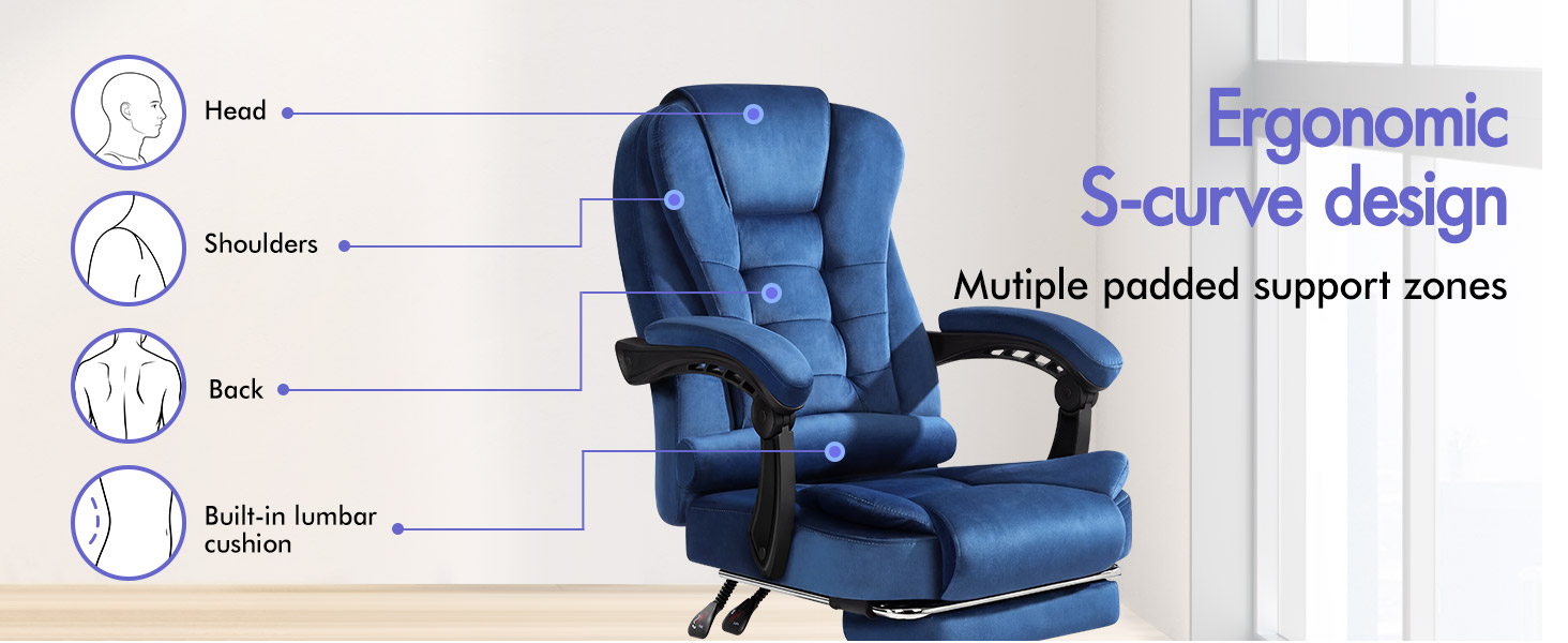 Text reads 'Head' 'Shoulders' 'Back' 'Armrest/leather cushion' 'Ergonomic S-curve design' 'Multiple padded support zones'. Blue reclining gaming chair with labeled ergonomic features and padded support zones.