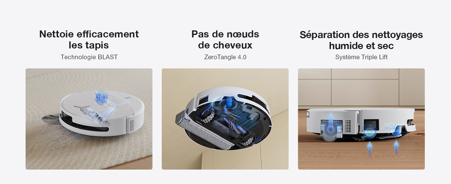 Trois images de produits montrant : un aspirateur robotique, un appareil robotique compact et un véhicule récréatif/camping-car avec des étiquettes en français décrivant les caractéristiques.