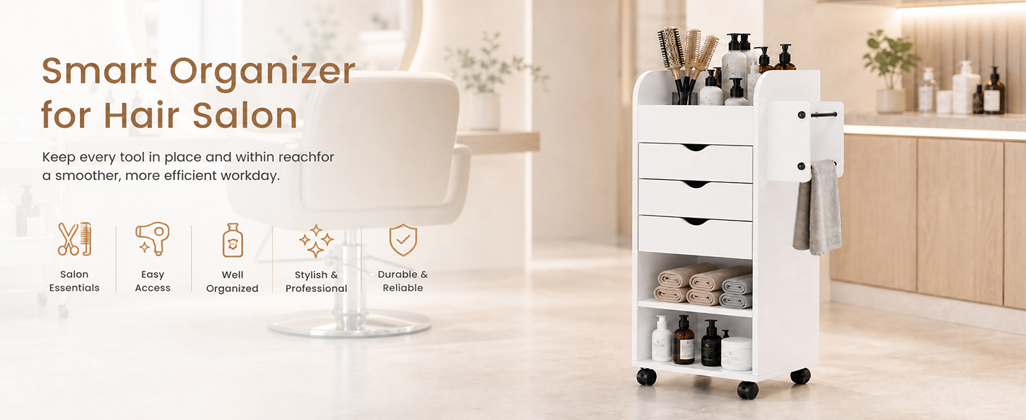 Le texte indique « Organisateur intelligent pour salon de coiffure ». Chariot de rangement mobile blanc avec plusieurs étagères, tiroirs et compartiments présentant des outils et des produits de coiffure en salon.