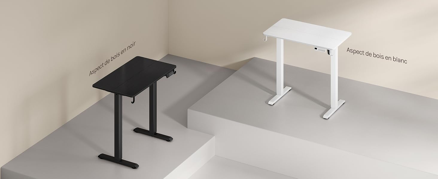Plusieurs vues de ce qui semble être un système de montage de bureau ou de table réglable, montrant différentes positions de hauteur et configurations de montage.