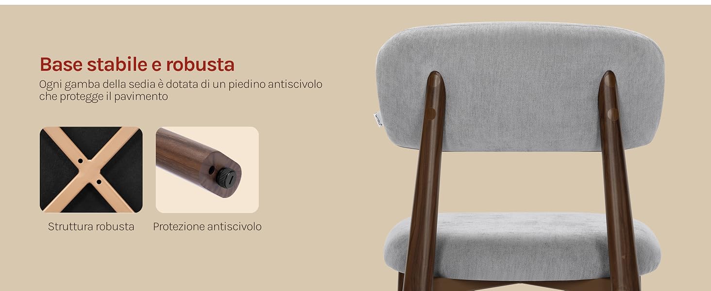 Il testo recita «Basso stabile e robusto» con testo in italiano aggiuntivo, che mostra la sedia con sedile grigio e maniglie marroni, oltre a icone di confronto per le caratteristiche di stabilità e durata.