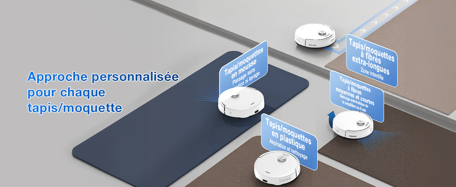 Le texte se lit comme suit : « Approche personnalisée pour chaque enfant ». Tapis bleu foncé avec de multiples éléments en forme de disque circulaire blanc et des cartes d'instructions affichées sur la surface.