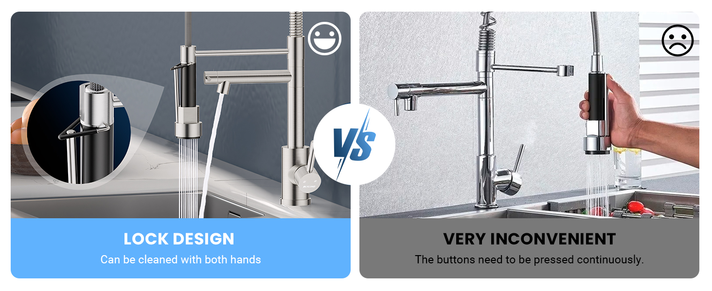 Comparison of faucet designs: left shows a traditional rigid spout, right demonstrates a flexible, pull-down spray nozzle for improved sink access.