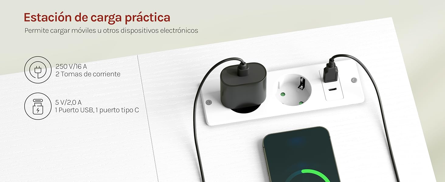 El texto dice «Estación de carga práctica». Diagrama técnico o ilustración que muestra la configuración de la estación de carga con tomas de corriente y puntos de conexión.