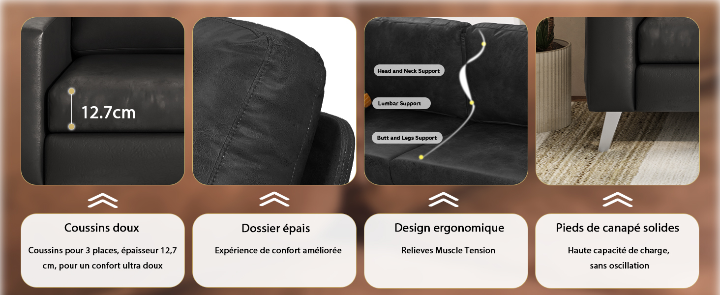 Le texte indique « Carcasse étroite », « Dissipar Espagne », « Design organisateur », « Poste de conseil valoise ». Quatre panneaux de présentation du produit indiquant les dimensions (12,7 cm), la texture du boîtier noir, la conception organisationnelle et l'installation de l'armoire avec les mesures et les spécifications françaises.