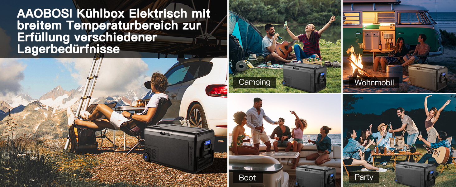 Collage aus Outdoor-Camping- und Abenteuerszenen, die Menschen zeigen, wie sie Aktivitäten wie Grillen, Lagerfeuer und Feste in der Natur genießen