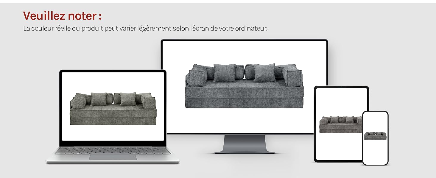 Le texte se lit comme suit : « Veuillez noter ! » (Veuillez noter !). Maquette d'affichage de la réactivité du produit montrant des meubles de canapé gris sur des écrans d'ordinateur portable, de bureau, de tablette et de smartphone pour une visualisation multi-appareils.