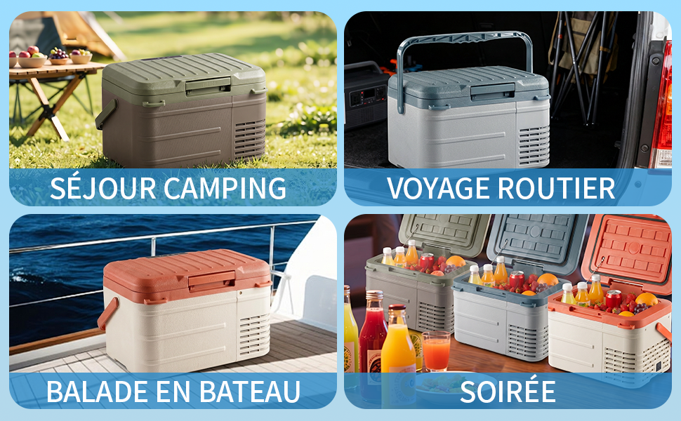 Le texte indique « SÉJOUR CAMPING », « VOYAGE ROUTIER », « BALADE EN BATEAU », « SOIRÉE ». Grille de quatre scénarios de style de vie en plein air : installation d'une tente de camping, glacière de voyage, table de pique-nique au bord de l'eau, soirée en plein air.