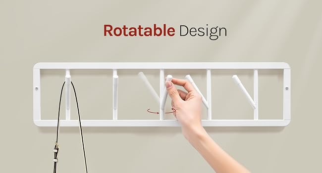 Text reads 'Rotatable Design'. White wall-mounted organizer with multiple slots, hand inserting item, demonstrating rotating/pivoting functionality for hanging storage.