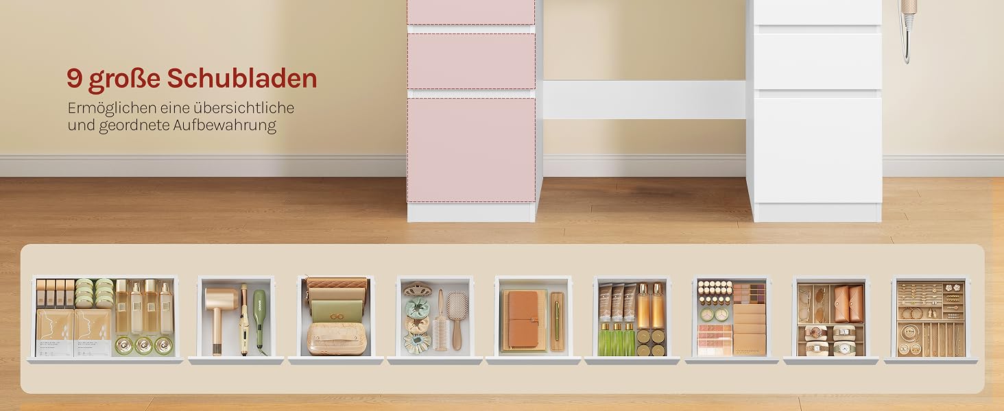 Der Text lautet „9 große Schubladen“. Aufbewahrungsschrank aus Holz mit neun großen Schubladen in den Ausführungen Rosa und Weiß, mit mehreren Fächern, die im Organisationsdisplay unten abgebildet sind.