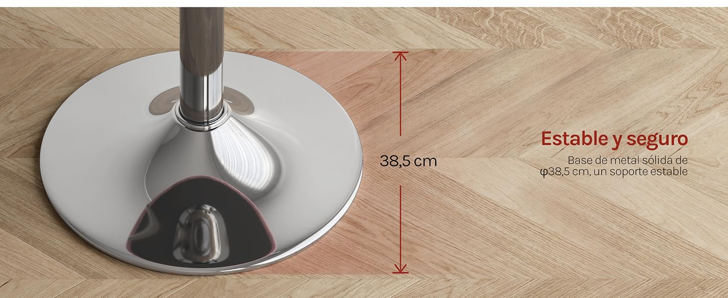 El texto dice «Estable y seguro» y «36,5 cm». La imagen del producto muestra una medida de altura y una base metálica de lo que parece ser un sistema de montaje de escritorio o mesa sobre una superficie de madera.