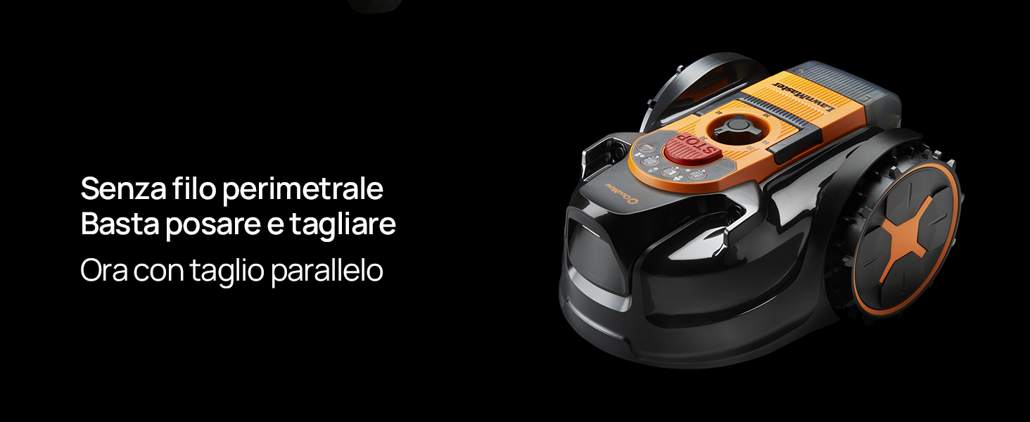 Il testo recita «Senza filo per mani libere», «Basta posare il giroscopio», «Gira con taglio parallelo». Veicolo robotico nero con dettagli gialli e ruote su sfondo nero. Dispositivo giocattolo telecomandato.
