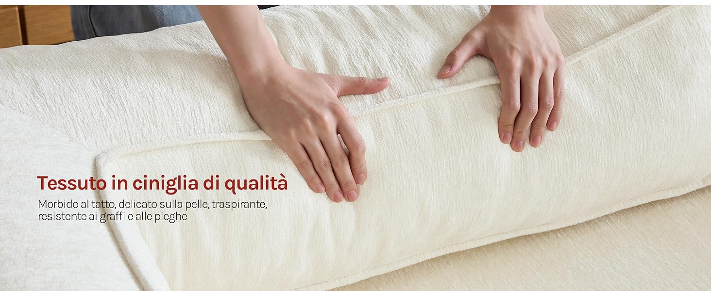 Il testo recita «Tessuto in rinella di qualità». Tessuto trapuntato color crema che tocca le mani con motivo a rombi, che dimostra consistenza e qualità.