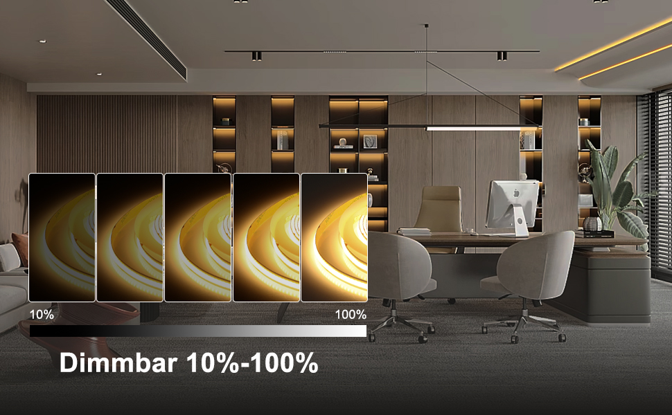 Dimmbare Lichtpaneele in einem Büro mit einem Helligkeitsbereich von 10 bis 100%. Moderner Arbeitsbereich mit rundem Tisch, weißen Stühlen und sichtbaren eingebauten Regalen