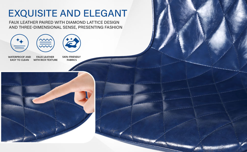 Text reads: 'EXQUISITE AND ELEGANT'. Close-up of dark blue quilted material with finger pressing surface, showing three circular icons indicating product features.