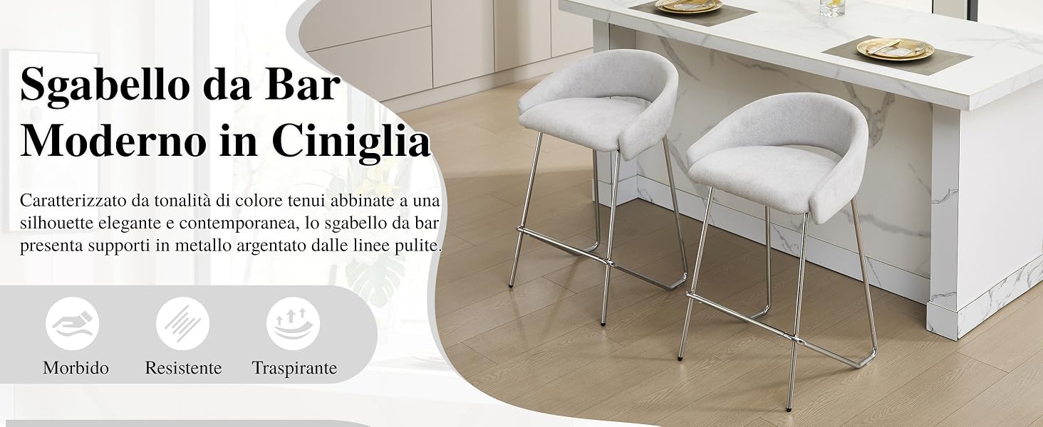 Il testo recita «Gabello da Bar Moderno in Ciniglia». Espositore di prodotti con sgabelli da bar moderni con le icone «Morbido, Resistenz, Traspirante» riportate di seguito.