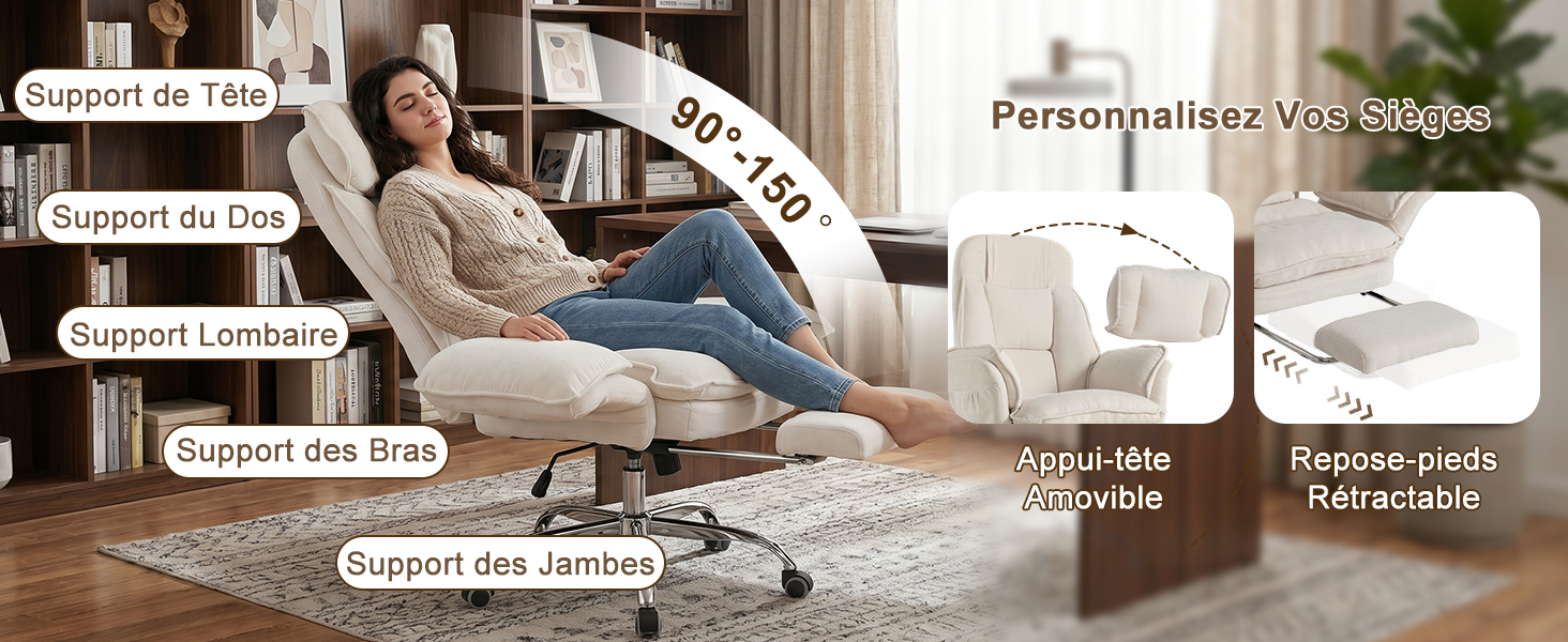 Image composite montrant des meubles et accessoires de maison étiquetés : « Chaise longue », « Purificateur d'air », « Tapis personnalisé », « Table d'appoint », « Chien de soutien ou canapé » et « Armoire latérale » positionnés dans un salon avec une femme assise.