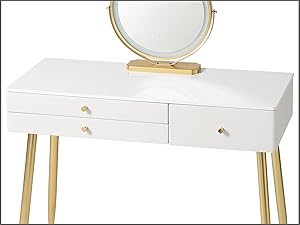 White vanity table with three drawers, gold-colored legs and hardware. Circular mirror on stand sits atop the table.