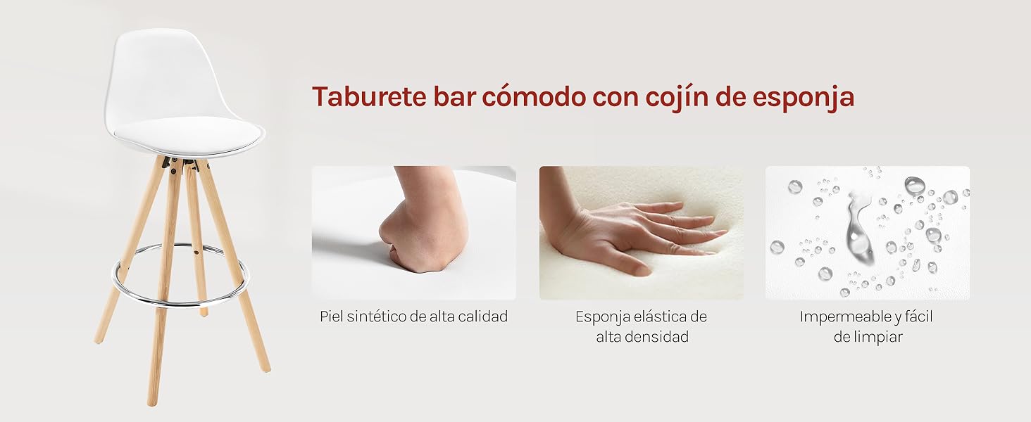 blanco con patas de madera y reposapiés de metal. Las imágenes insertadas muestran un asiento acolchado, una mano que demuestra suavidad