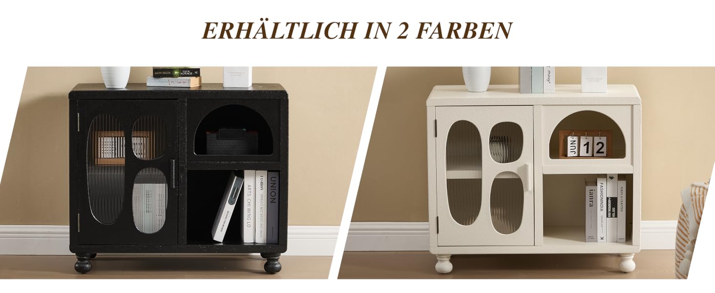 Der Text lautet „ERHÄLTLICH IN 2 FARBEN“. Mehrere Ansichten von modularen Stauräumen oder Möbelkomponenten aus hellem Material.
