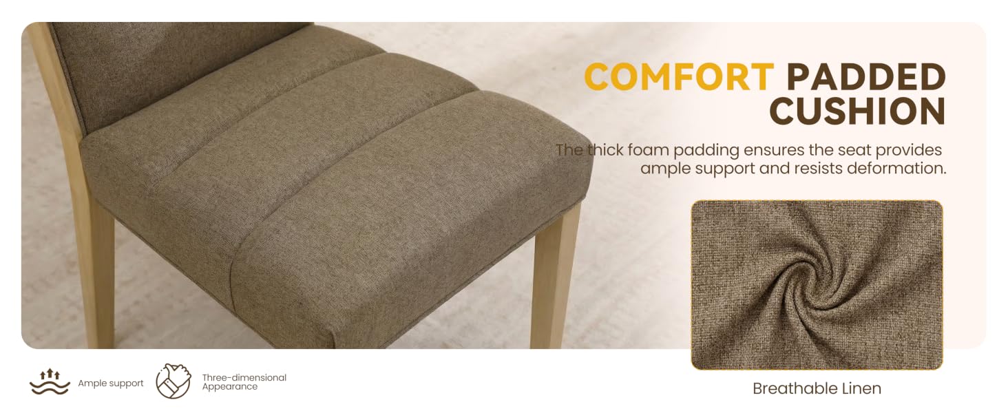 Text reads 'COMFORT PADDED CUSHION'. Close-up views of gray upholstered furniture cushioning showing padding and fabric texture details.
