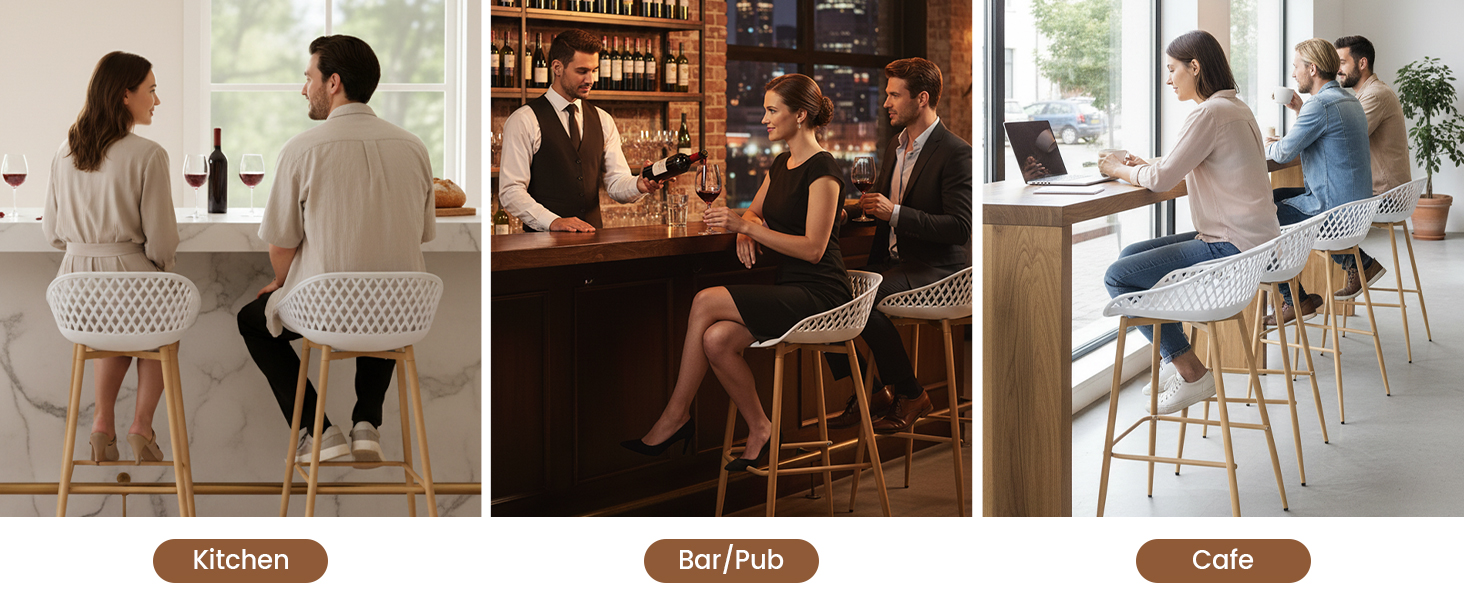 Collection de photos intérieures montrant l'environnement d'un bar ou d'un restaurant avec des tabourets de bar et des comptoirs installés dans un éclairage chaud.