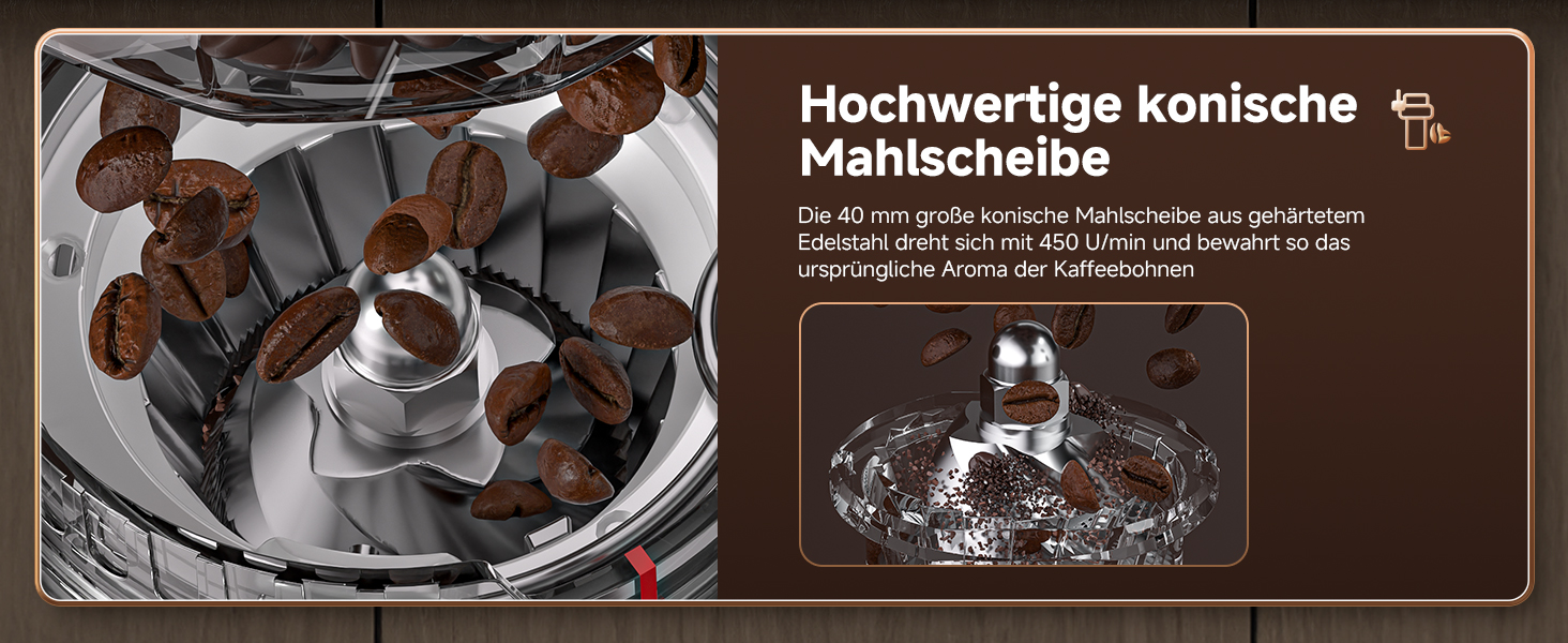 Der Text lautet 'Hochwertige konische Mahlscheibe'. Dunkle Produktbilder, die mechanische Mahlkomponenten und Geräte zum Kaffeetrinken zeigen.