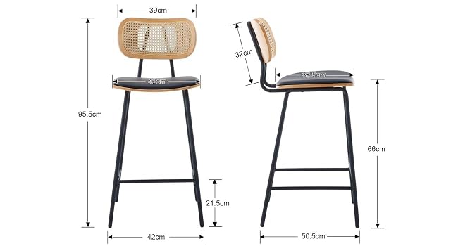 Sch�ma technique de la conception des tabourets de bar montrant des vues de face et de c�t� avec des mesures pr�cises. Comprend un si?ge et un dossier en bois avec structure en m�tal.