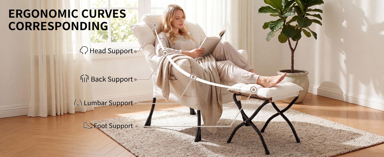 Text reads 'ERGONOMIC CURVES CORRESPONDING' with labeled anatomical arrows. Cream-colored modern chair with curved backrest design, demonstrated with seated figure in bright, plant-filled room.