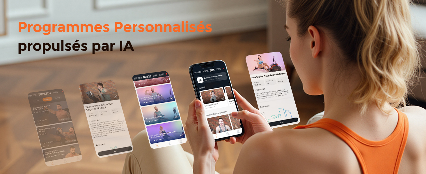 Le texte se lit comme suit : « Programmes personnalisés propulsés par IA ». L'image montre des mains interagissant avec un appareil mobile affichant plusieurs écrans d'applications sur une surface en bois.